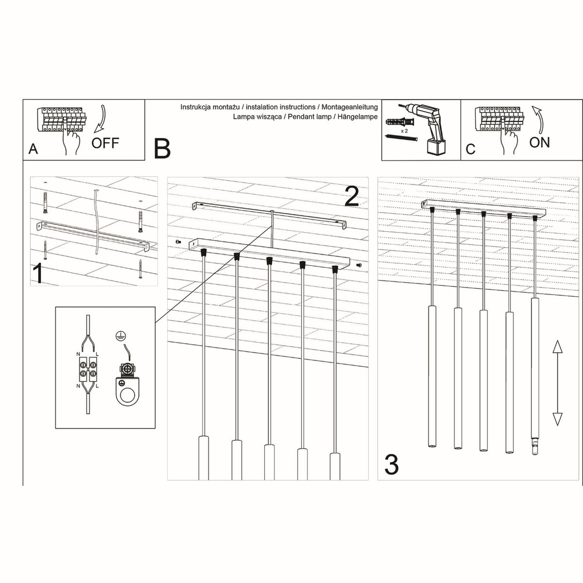 Pendellampe PASTELO 5 sort med 5 lyskilder – 45 × 5 × 90 cm – SL.0472