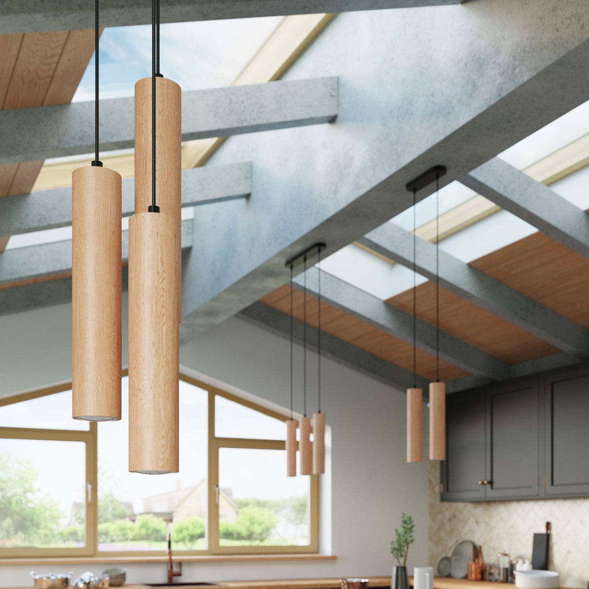 Pendellampe LINO 3 træ – GU10 3 lyskilder træ 45 × 6 × 90 cm – indendørs