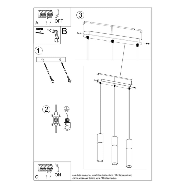 Pendellampe BORGIO 3L sort – GU10 3 lyskilder stål/beton 45 × 6 × 90 cm IP20