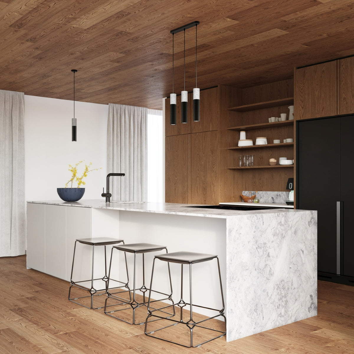 Pendellampe BORGIO 3L sort – GU10 3 lyskilder stål/beton 45 × 6 × 90 cm IP20