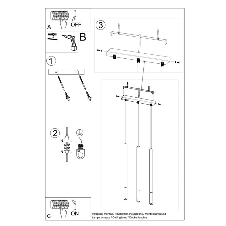 Pendellampe MOZAICA 3L sort/krom – G9 3 lyskilder stål 30 × 5 × 90 cm IP20