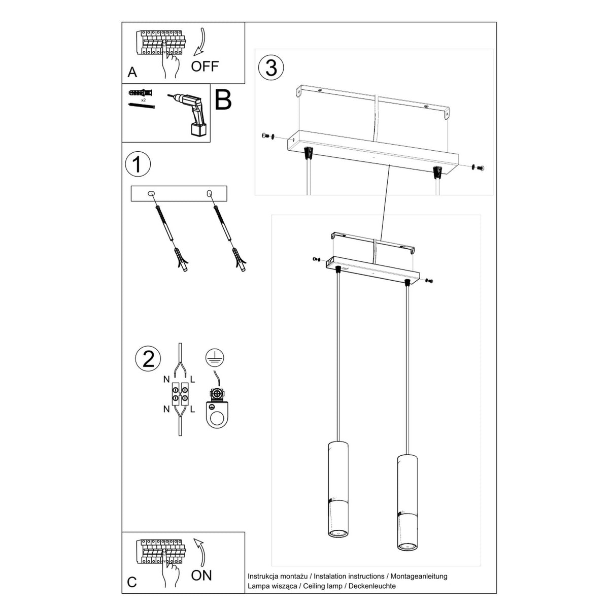 Pendellampe LOOPEZ 2 sort/guld – GU10 2 lyskilder stål 30 × 6 × 90 cm IP20