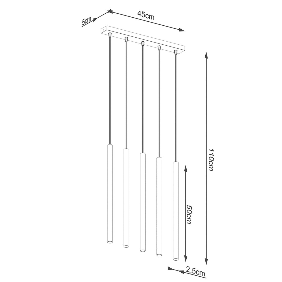 Pendellampe PASTELO 5L guld – G9 5 lyskilder stål 45 × 5 × 110 cm IP20