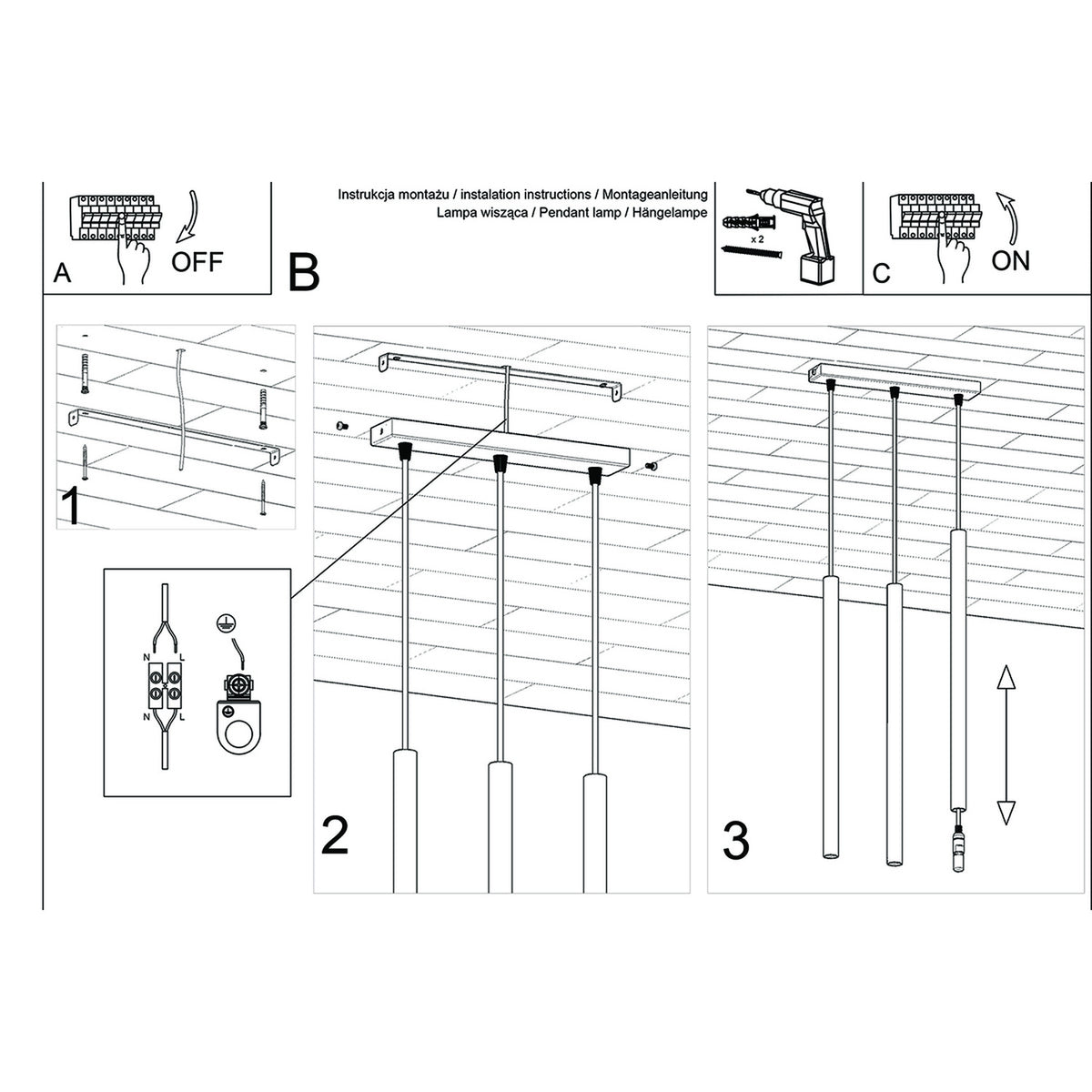 Pendellampe PASTELO 3L i beton med 3 lyskilder – 30 × 3.5 × 110 cm – SL.1272