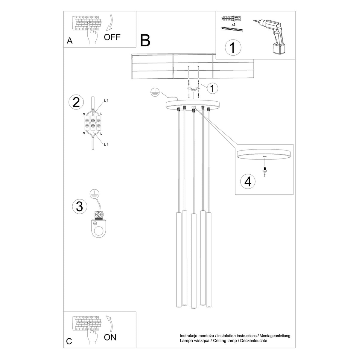 Pendellampe PASTELO 5P i beton med 5 lyskilder – 25 × 25 × 110 cm – SL.1275