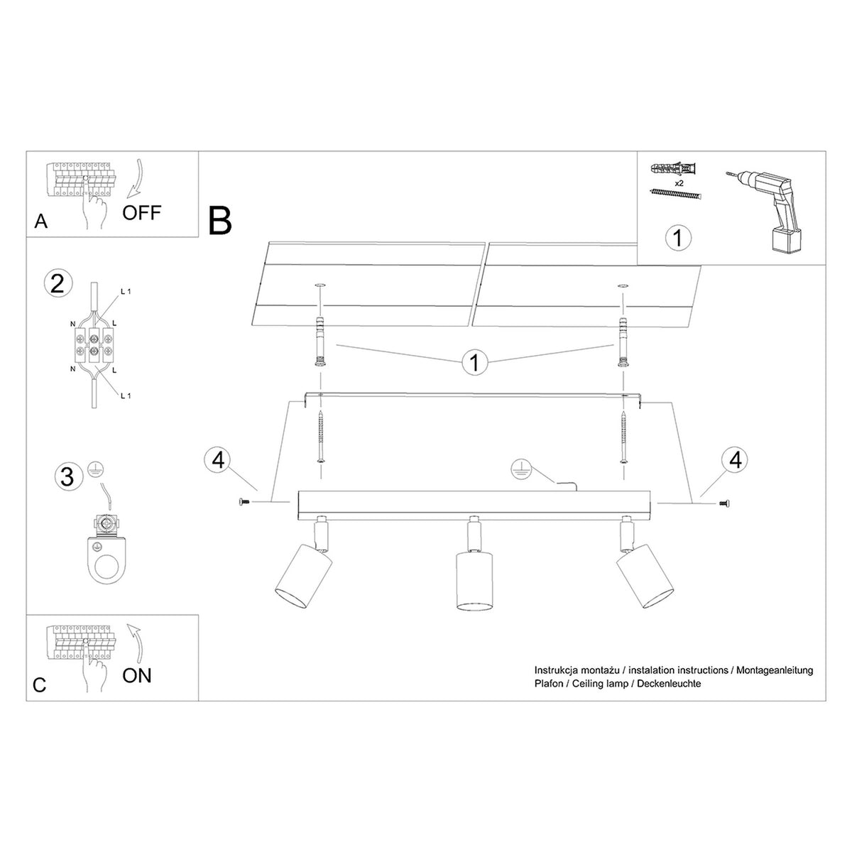 Loftslampe VERDO 3L hvid – Stål, træ – GU10