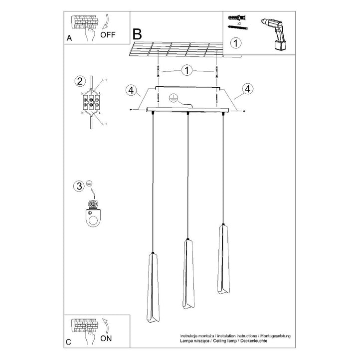 Pendellampe PRYSM 3L sort – G9 3 lyskilder stål 45 × 5 × 120 cm IP20