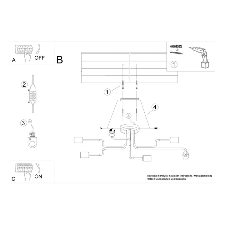 Lysekrone VECTOR 6 sort med 6 lyskilder – 80 × 64 × 15.5 cm – SL.1447