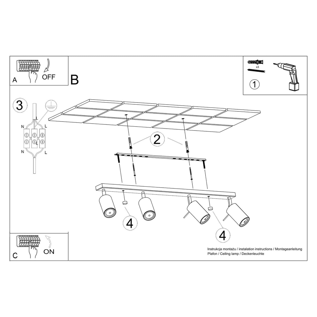 Loftslampe RING 4L olivengrøn – GU10 4 lyskilder stål 81 × 6 × 17 cm IP20