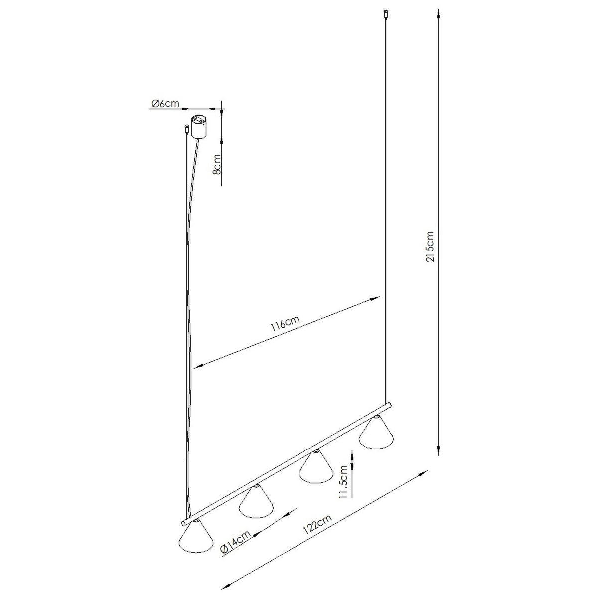 Lysekrone NOX 4L olivengrøn – E14 4 lyskilder stål 122 × 14 × 215 cm IP20